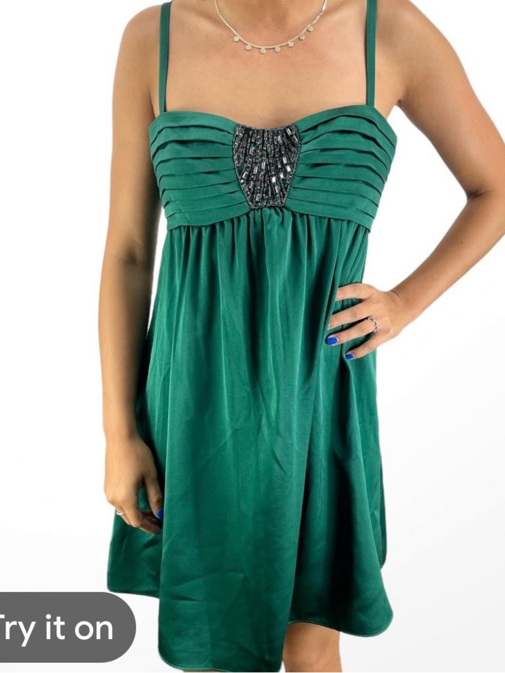 New BCBGMaxAzria Emerald Green Spaghetti Strap Empire-Waist Mini Dress